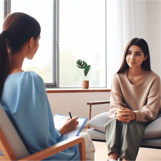 Девушка улыбается психологу на приеме